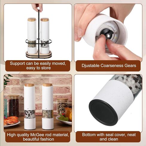 Threlaco Electric Salt and Pepper Grinder Set with 1 Portable Spill Proof Base 2 Packs Battery Operated Salt Pepper shakers with Adjustable Coarseness Light Wheat Straw Grinder for Kitchen(White) in Saudi Arabia