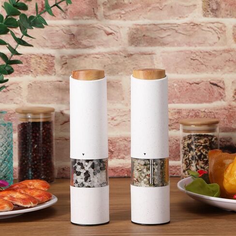 Threlaco Electric Salt and Pepper Grinder Set with 1 Portable Spill Proof Base 2 Packs Battery Operated Salt Pepper shakers with Adjustable Coarseness Light Wheat Straw Grinder for Kitchen(White) in Saudi Arabia