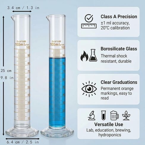 Glass Graduated Cylinder, Class A 100 ml Lab Measuring Cylinders, Borosilicate Glass Graduate for Laboratory Chemistry Science, 2 PCS in Saudi Arabia