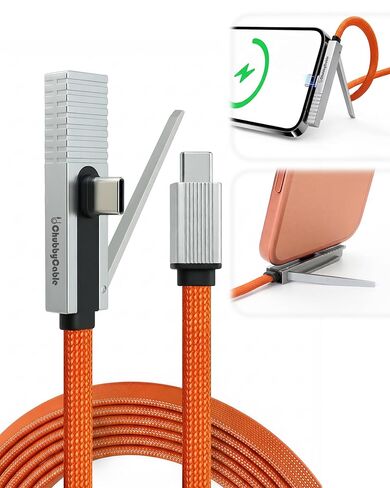 chubbycable StandLite Pro 90° 240W Fast Charge Cable with Invisible Stand & Phone Case Friendly Right Angle USB C Cable Braided Charging Cord, Orange, Type-C to Type-C, 8.2FT in Saudi Arabia