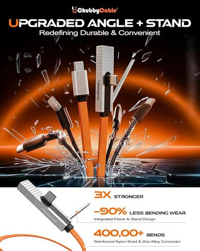 chubbycable StandLite Pro 90° 240W Fast Charge Cable with Invisible Stand & Phone Case Friendly Right Angle USB C Cable Braided Charging Cord, Orange, Type-C to Type-C, 8.2FT in Saudi Arabia