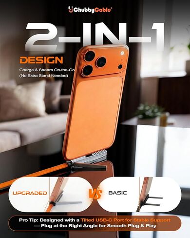 chubbycable StandLite Pro 90° 240W Fast Charge Cable with Invisible Stand & Phone Case Friendly Right Angle USB C Cable Braided Charging Cord, Orange, Type-C to Type-C, 8.2FT in Saudi Arabia