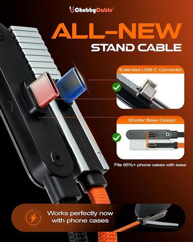 chubbycable StandLite Pro 90° 240W Fast Charge Cable with Invisible Stand & Phone Case Friendly Right Angle USB C Cable Braided Charging Cord, Orange, Type-C to Type-C, 8.2FT in Saudi Arabia