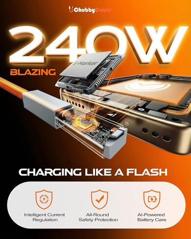 chubbycable StandLite Pro 90° 240W Fast Charge Cable with Invisible Stand & Phone Case Friendly Right Angle USB C Cable Braided Charging Cord, Orange, Type-C to Type-C, 8.2FT in Saudi Arabia