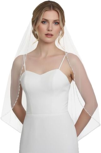 Wedding Veil Pearl and Crystal Beaded Edge Bridal Veil 1Tier Fingertip Length Bride Accessories in Saudi Arabia