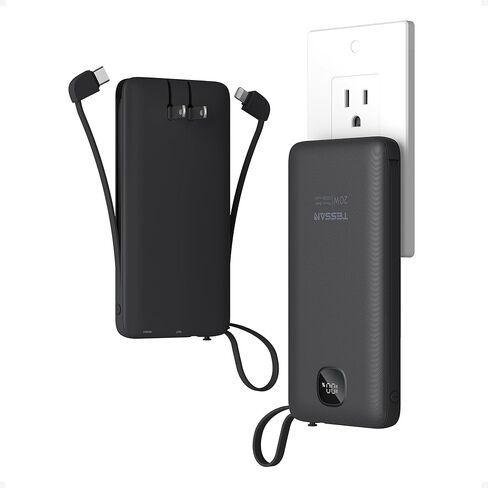 TESSAN Portable Charger with Built in Cables, 10000mAh Power Bank Fast Charging with Foldable AC Plug, 20W Compact Battery Pack Travel Essentials for iPhone 16/15 Series, Samsung, Tablets in Saudi Arabia
