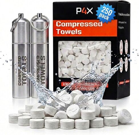 Compressed Towel Tablets - 100% Bamboo Camping Toilet Paper Tablets, Great for Hiking, Travel and Backpacking - Disposable Washcloths, Body Wipes, Paper Towel Coin Tissue - 100/250/500 Pack with Metal Waterproof Cases in Saudi Arabia