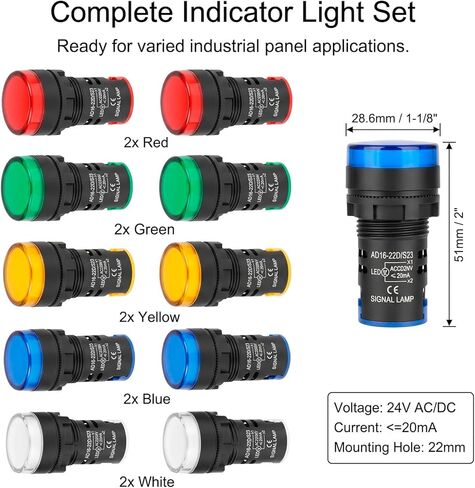 QWORK Multi-Voltage LED Indicator Light Set of 10, 12V/24V/110V, 22mm Mounting, High Brightness, 5 Colors, 20,000 Hours Lifespan, Screw-Clamp Connection in Saudi Arabia