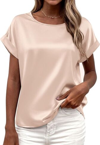 BTFBM ملابس الصيف النسائية 2026 الحرير الساتان Crewneck قصيرة الأكمام قمصان العمل وتتسابق الأعمال الربيع البلوزات متأنق عادية in Saudi Arabia