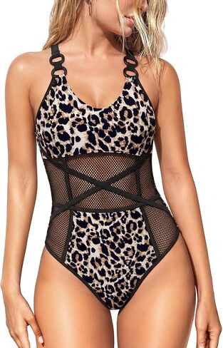 OOQ Women’s One-Piece Swim Tummy Control Slimming Mesh Sheer Swimsuit Adjustable Straps Push Up Beachwear in Saudi Arabia