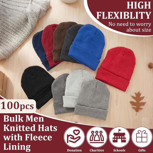 Bulk Men Knitted Hats with Fleece Lining for Charity Homeless Donations, 10 Colors, Unisex Beanies Winter Hats in Saudi Arabia