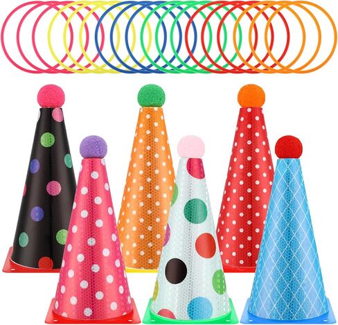 Seenelling 24 Pcs Plastic Ring Toss Game, Birthday Party Game 6 Birthday Hat Cones and 18 Colorful Rings Outdoor Sport Toss Toys Backyard Lawn Cone and Ring for Family Party Activities in Saudi Arabia