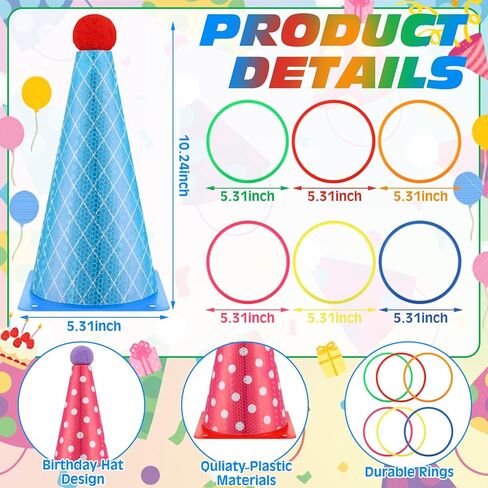 Seenelling 24 Pcs Plastic Ring Toss Game, Birthday Party Game 6 Birthday Hat Cones and 18 Colorful Rings Outdoor Sport Toss Toys Backyard Lawn Cone and Ring for Family Party Activities in Saudi Arabia