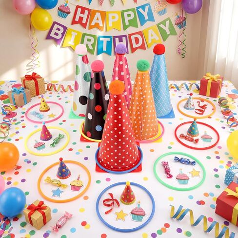 Seenelling 24 Pcs Plastic Ring Toss Game, Birthday Party Game 6 Birthday Hat Cones and 18 Colorful Rings Outdoor Sport Toss Toys Backyard Lawn Cone and Ring for Family Party Activities in Saudi Arabia