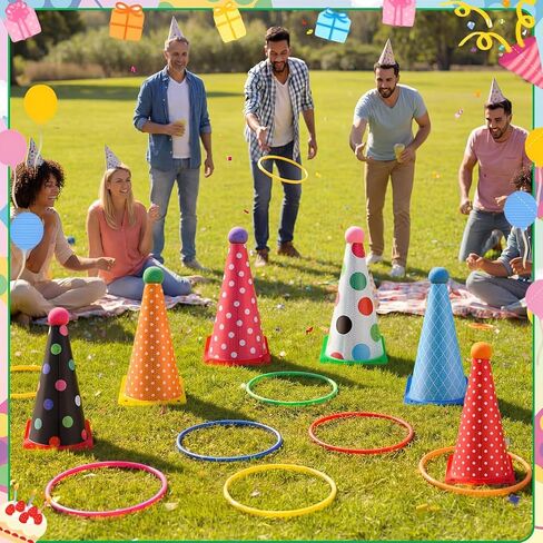 Seenelling 24 Pcs Plastic Ring Toss Game, Birthday Party Game 6 Birthday Hat Cones and 18 Colorful Rings Outdoor Sport Toss Toys Backyard Lawn Cone and Ring for Family Party Activities in Saudi Arabia