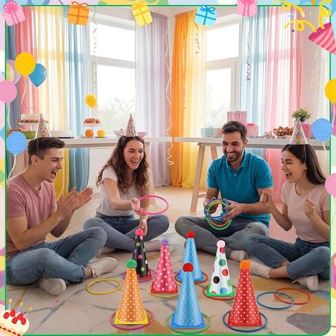 Seenelling 24 Pcs Plastic Ring Toss Game, Birthday Party Game 6 Birthday Hat Cones and 18 Colorful Rings Outdoor Sport Toss Toys Backyard Lawn Cone and Ring for Family Party Activities in Saudi Arabia