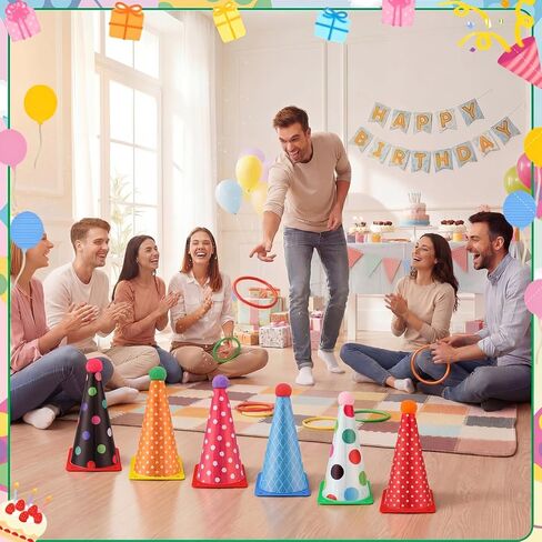Seenelling 24 Pcs Plastic Ring Toss Game, Birthday Party Game 6 Birthday Hat Cones and 18 Colorful Rings Outdoor Sport Toss Toys Backyard Lawn Cone and Ring for Family Party Activities in Saudi Arabia