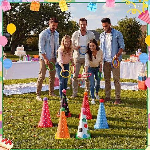 Seenelling 24 Pcs Plastic Ring Toss Game, Birthday Party Game 6 Birthday Hat Cones and 18 Colorful Rings Outdoor Sport Toss Toys Backyard Lawn Cone and Ring for Family Party Activities in Saudi Arabia
