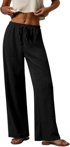 PRETTYGARDEN Womens Summer Elastic Waist Textured Flowy Palazzo Pants for Women Casual Wide Leg Pants Woman with Pockets in Saudi Arabia