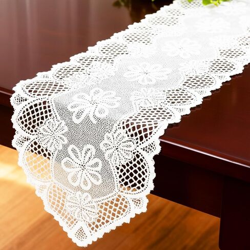 Lace Table Runner, Elegant Lace Runners for Tables Reusable Long Doilies for Tables Furniture Wedding Bridal Kitchen Dining Table Decoration (White, 118x32 cm/46.46x12.6 in) in Saudi Arabia