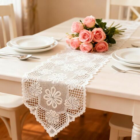 Lace Table Runner, Elegant Lace Runners for Tables Reusable Long Doilies for Tables Furniture Wedding Bridal Kitchen Dining Table Decoration (White, 118x32 cm/46.46x12.6 in) in Saudi Arabia