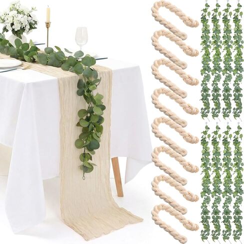 Leinuosen 8 Sets 10 Ft Sage Green Cheesecloth Table Runner Easter Spring Decor with 6 Ft Eucalyptus Garland, Boho Gauze Table Centerpiece Runner for Wedding Baby Shower Birthday Party Decor in Saudi Arabia