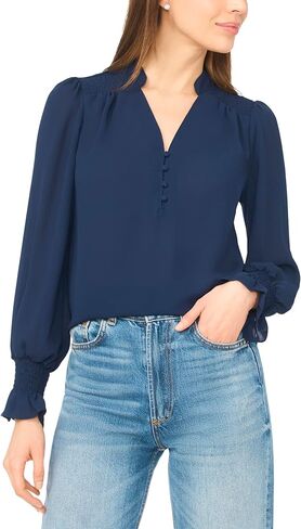 CeCe Women's Long Sleeve Half Placket Smocked Top in Saudi Arabia