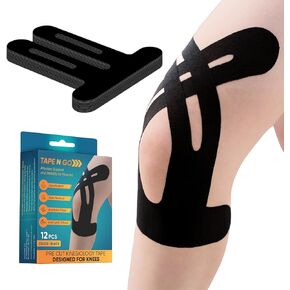 Tape N Go Precut Kinesiology Tape for Knee Support by MoveWell Co, 12 Pack – Waterproof Elastic Athletic KT Tape for Knee Stability & Pain Relief, Breathable, Hypoallergenic, Latex-Free, (Black) in Saudi Arabia