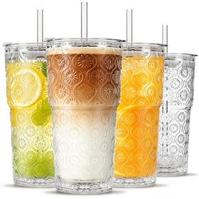 INSETLAN 20oz Begonia Flower Glass Tumbler Set of 4 – Thickened Glass Cups with Lids and Glass Straws for Iced Coffee, Smoothies, Milk, Water, and More – Elegant& Durable Drinkware in Saudi Arabia
