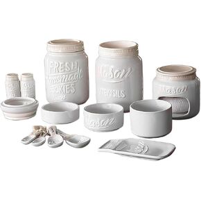 Farmhouse Canisters Sets for the Kitchen - Mason Jar Ceramic Kitchen Utensil Holder, Spoon Rest, Cute Cookie Jar, Salt & Pepper Shaker Sets, Sponge Holder, Measuring Cups & Spoons (White,17-Pc Bundle) in Saudi Arabia