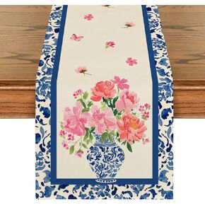 Artoid Mode Peony Blue and White Porcelain Vase 210 GSM Summer Table Runner, Spring Kitchen Dining Table Decoration for Home Party Decor 13x72 Inch in Kuwait