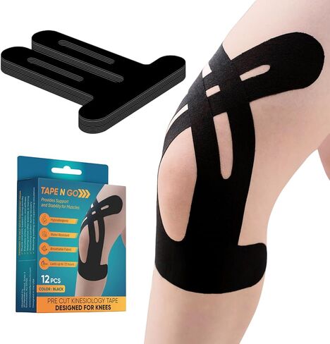 Tape N Go Precut Kinesiology Tape for Knee Support by MoveWell Co, 12 Pack – Waterproof Elastic Athletic KT Tape for Knee Stability & Pain Relief, Breathable, Hypoallergenic, Latex-Free, (Black) in Saudi Arabia
