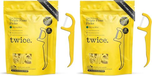 Twice 3-Strand Floss Picks – Dual Action Flosser & Toothpick, Wax-Coated Floss & Eco-Friendly Cornstarch Handles, Vegan, Shred Resistant, Strong Mint, 300 Ct in Saudi Arabia