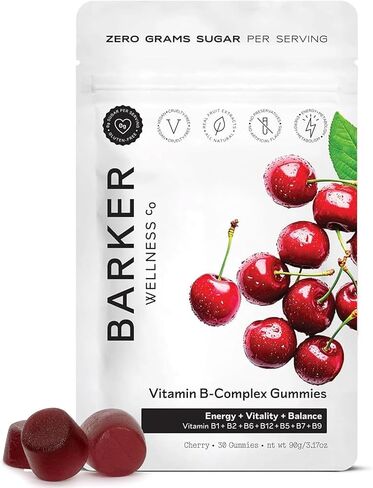 Barker Wellness Vegan B-Complex Gummies – Comprehensive Energy & Metabolism Boost with B1, B5, B6, B7 Biotin, B9 Folate, B12 | Sugar-Free Cherry Flavor for Daily Focus & Vitality in Saudi Arabia