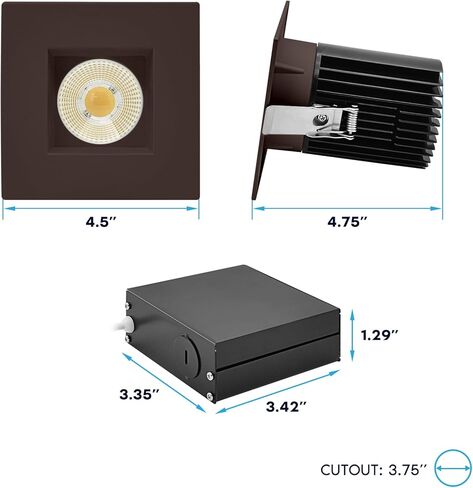 LUXRITE 4 Inch Recessed Light, Regressed Canless LED Spotlight, 5CCT 2700K-5000K, CRI90, 22W, 1700 Lumens High Output, 38º, Interchangeable Square Bronze Trim, Dimmable, IC & Wet Rated in Saudi Arabia
