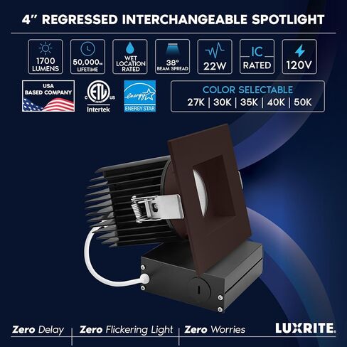 LUXRITE 4 Inch Recessed Light, Regressed Canless LED Spotlight, 5CCT 2700K-5000K, CRI90, 22W, 1700 Lumens High Output, 38º, Interchangeable Square Bronze Trim, Dimmable, IC & Wet Rated in Saudi Arabia