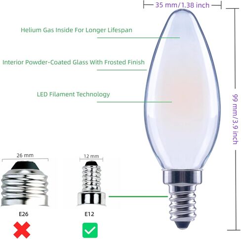 مصابيح شمعدان LED مكافئة 40 وات، مصابيح LED قابلة للتعتيم، 4 وات E12 قاعدة 2700 ك، مصابيح إضاءة ثريا بيضاء دافئة ناعمة B11 لمروحة السقف، مصابيح شموع مزخرفة، 12 حزمة in Kuwait