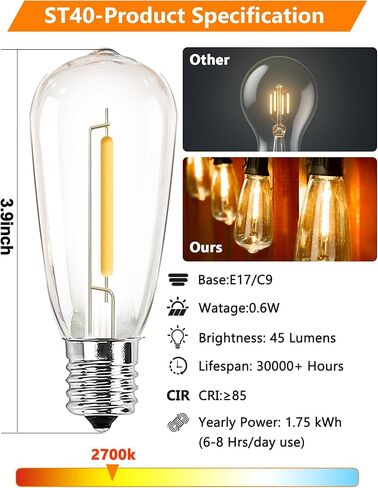 25 Pack ST40 Vintage LED Edison Bulbs, Shatterproof 0.6W Energy Efficient E17 LED Replacement Bulbs for Outdoor String Lights, E17/C9 Intermediate Base Bulb Waterproof, Warm White 2700K in Saudi Arabia