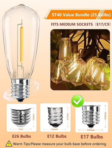25 Pack ST40 Vintage LED Edison Bulbs, Shatterproof 0.6W Energy Efficient E17 LED Replacement Bulbs for Outdoor String Lights, E17/C9 Intermediate Base Bulb Waterproof, Warm White 2700K in Saudi Arabia