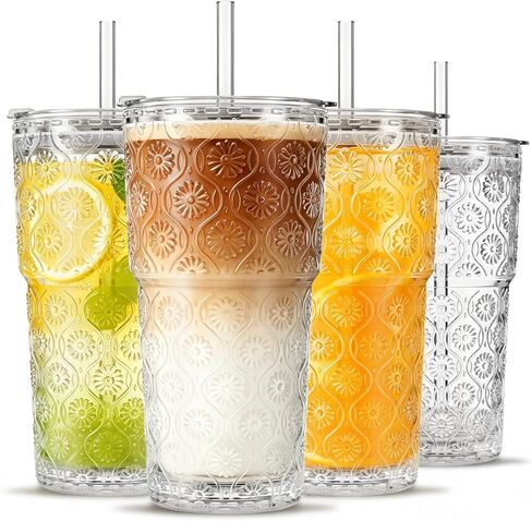 INSETLAN 20oz Begonia Flower Glass Tumbler Set of 4 – Thickened Glass Cups with Lids and Glass Straws for Iced Coffee, Smoothies, Milk, Water, and More – Elegant& Durable Drinkware in Saudi Arabia
