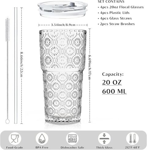 INSETLAN 20oz Begonia Flower Glass Tumbler Set of 4 – Thickened Glass Cups with Lids and Glass Straws for Iced Coffee, Smoothies, Milk, Water, and More – Elegant& Durable Drinkware in Saudi Arabia