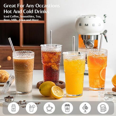 INSETLAN 20oz Begonia Flower Glass Tumbler Set of 4 – Thickened Glass Cups with Lids and Glass Straws for Iced Coffee, Smoothies, Milk, Water, and More – Elegant& Durable Drinkware in Saudi Arabia