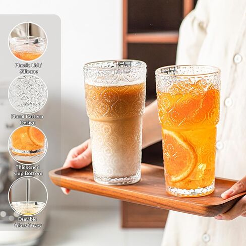 INSETLAN 20oz Begonia Flower Glass Tumbler Set of 4 – Thickened Glass Cups with Lids and Glass Straws for Iced Coffee, Smoothies, Milk, Water, and More – Elegant& Durable Drinkware in Saudi Arabia
