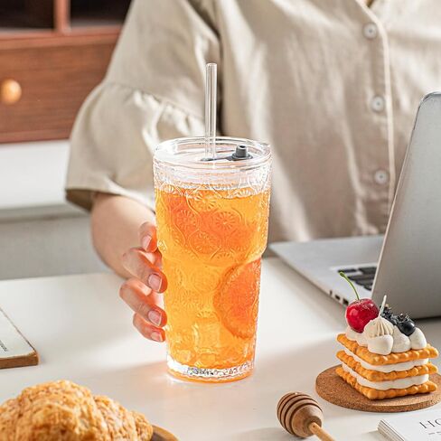 INSETLAN 20oz Begonia Flower Glass Tumbler Set of 4 – Thickened Glass Cups with Lids and Glass Straws for Iced Coffee, Smoothies, Milk, Water, and More – Elegant& Durable Drinkware in Saudi Arabia
