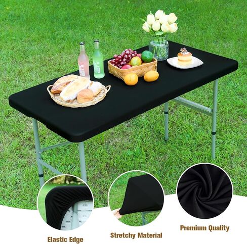 Fitted Rectangle Tablecloth 24 x 48 Inch Elastic Table Cloth for 4ft Table, Stretch Spandex Table Cover Black Washable Polyester Table Top Cap Cover for Dining Picnic Camping Indoor and Outdoor in Saudi Arabia