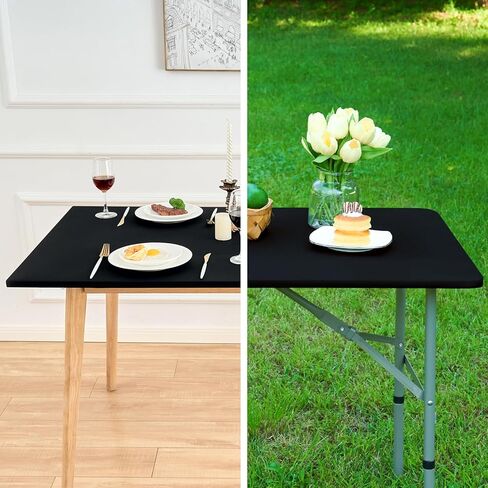 Fitted Rectangle Tablecloth 24 x 48 Inch Elastic Table Cloth for 4ft Table, Stretch Spandex Table Cover Black Washable Polyester Table Top Cap Cover for Dining Picnic Camping Indoor and Outdoor in Saudi Arabia