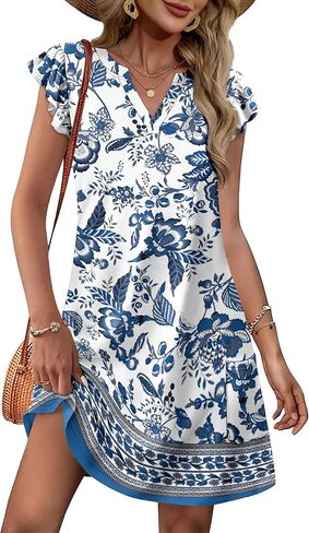 OFEEFAN Spring Summer Dresses for Women 2026 Casual Ruffle Sleeve V Neck Loose Swing Sundresses with Pockets Plain/Print in Saudi Arabia