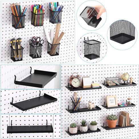 12 حزمة من ملحقات منظم Pegboard - 6 أكواب Pegboard حامل أقلام الرصاص - 6 أرفف دعامات أرفف معدنية - مجموعة نظام ترتيب تخزين الأدوات لغرفة المرآب المكتبية in Kuwait
