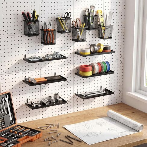 12 حزمة من ملحقات منظم Pegboard - 6 أكواب Pegboard حامل أقلام الرصاص - 6 أرفف دعامات أرفف معدنية - مجموعة نظام ترتيب تخزين الأدوات لغرفة المرآب المكتبية in Kuwait