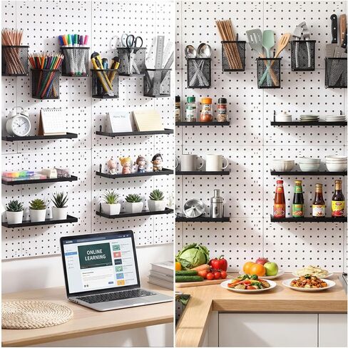 12 حزمة من ملحقات منظم Pegboard - 6 أكواب Pegboard حامل أقلام الرصاص - 6 أرفف دعامات أرفف معدنية - مجموعة نظام ترتيب تخزين الأدوات لغرفة المرآب المكتبية in Kuwait